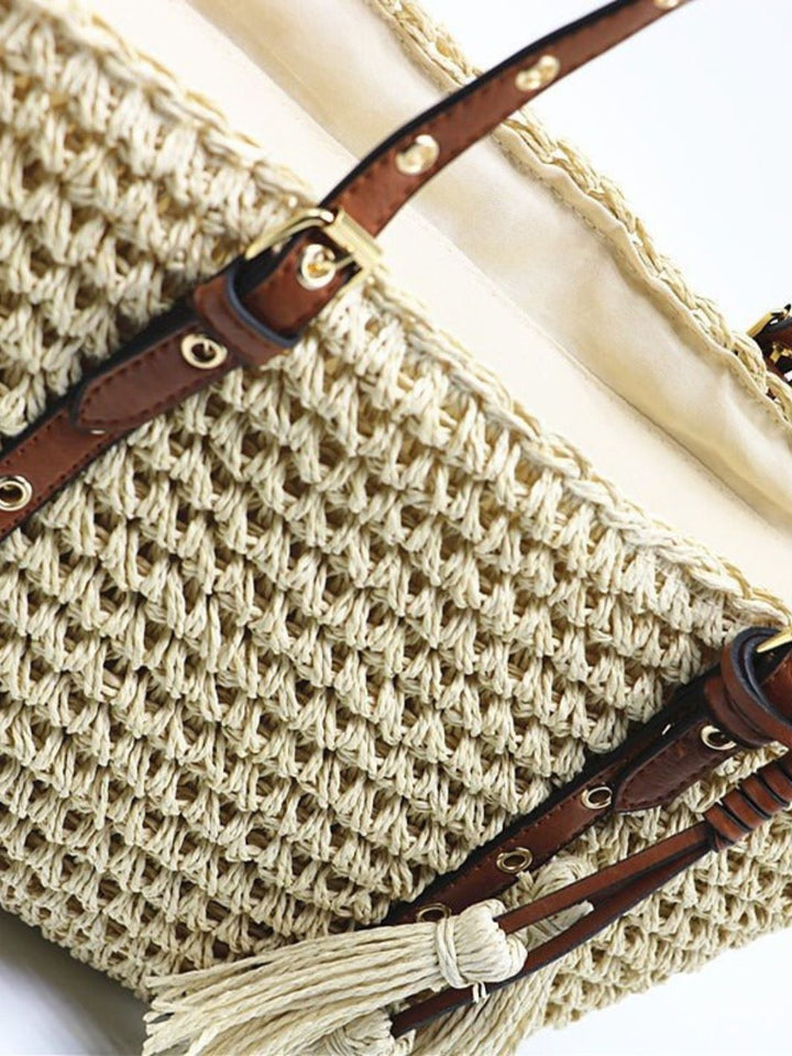 Straw and leather tote basket